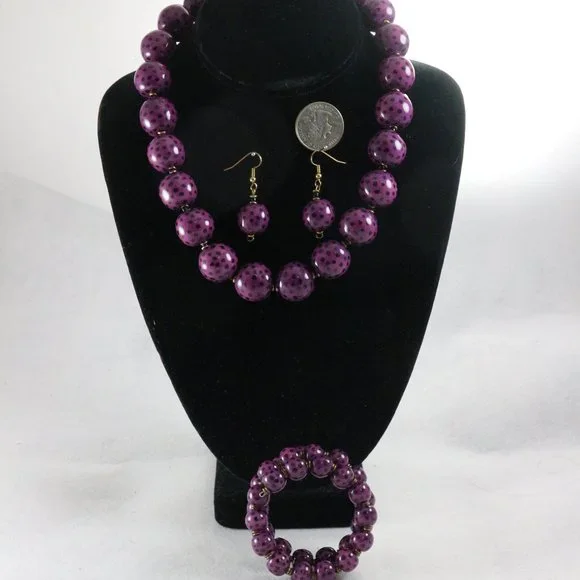KAZURI Beads Candy TingTing 18-in Violet/Black Necklace + Earrings + Bracelet - Picture 1 of 10